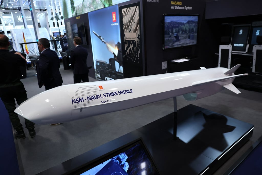 A Naval Strike Missile manufactured by Norwegian company Kongsberg on display at an arms expo in Madrid, Spain, last year. Photo: AFP