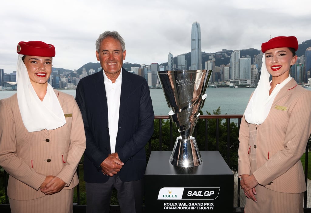 Russell Coutts, flanked by cabin crew representing global sponsor Emirates, unveiled the SailGP 2027 season schedule in Hong Kong on Wednesday. Photo: Dickson Lee Russell Coutts, flanked by cabin crew representing global sponsor Emirates, unveiled the SailGP 2027 season schedule in Hong Kong on Wednesday. Photo: Dickson Lee