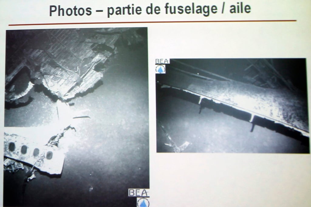 Pictures of the Air France flight 447 plane body (left) and wing, which rest on the ocean floor, are projected during a news conference in Paris in 2011. Photo: Reuters Pictures of the Air France flight 447 plane body (left) and wing, which rest on the ocean floor, are projected during a news conference in Paris in 2011. Photo: Reuters