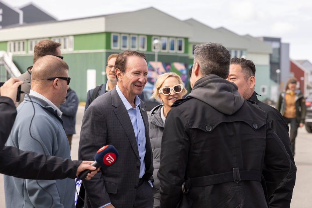 US special envoy to Greenland Jeff Landry (centre) visits Nuuk, Greenland, on Wednesday. Photo: Ritzau Scanpix via AP