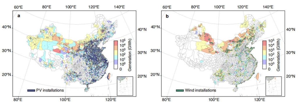 AI statistics show the distribution of photovoltaic facilities (left) and wind turbines (right) across China. Photo: Handout AI statistics show the distribution of photovoltaic facilities (left) and wind turbines (right) across China. Photo: Handout