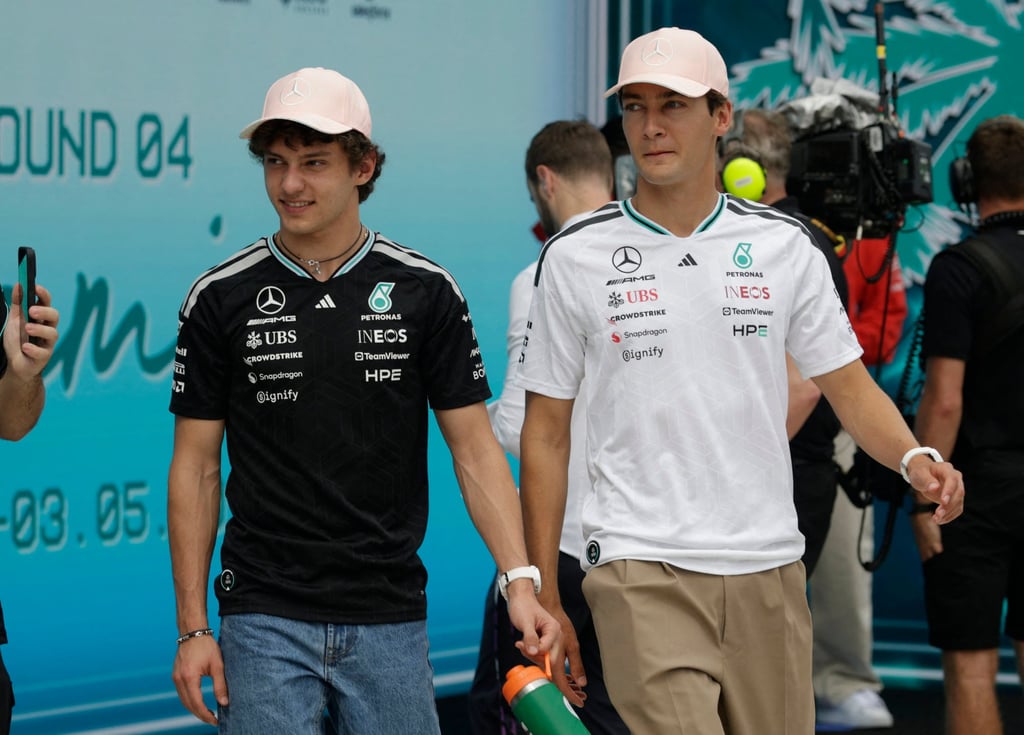 Mercedes’ Kimi Antonelli (left) and George Russell before the Miami Grand Prix. Photo: Reuters