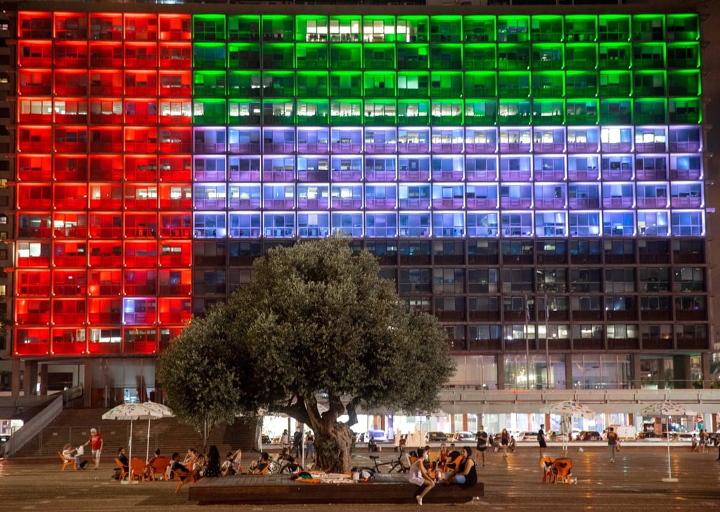 Tel Aviv City Hall is covered with the UAE flag after the kingdom and Israel announced that they would establish full diplomatic relations on August 13, 2020. Photo: AP Tel Aviv City Hall is covered with the UAE flag after the kingdom and Israel announced that they would establish full diplomatic relations on August 13, 2020. Photo: AP