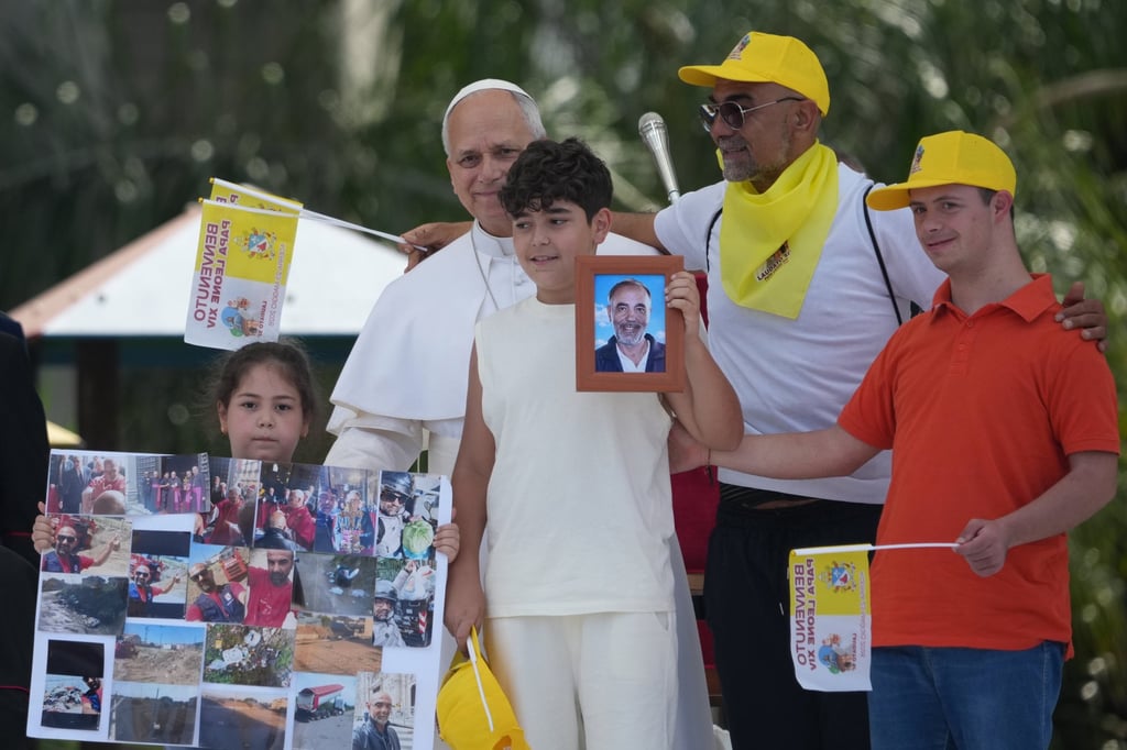 Pope Leo meets families of victims of environmental pollution during his visit to Acerra, near Naples, on Saturday. Photo: AP Pope Leo meets families of victims of environmental pollution during his visit to Acerra, near Naples, on Saturday. Photo: AP