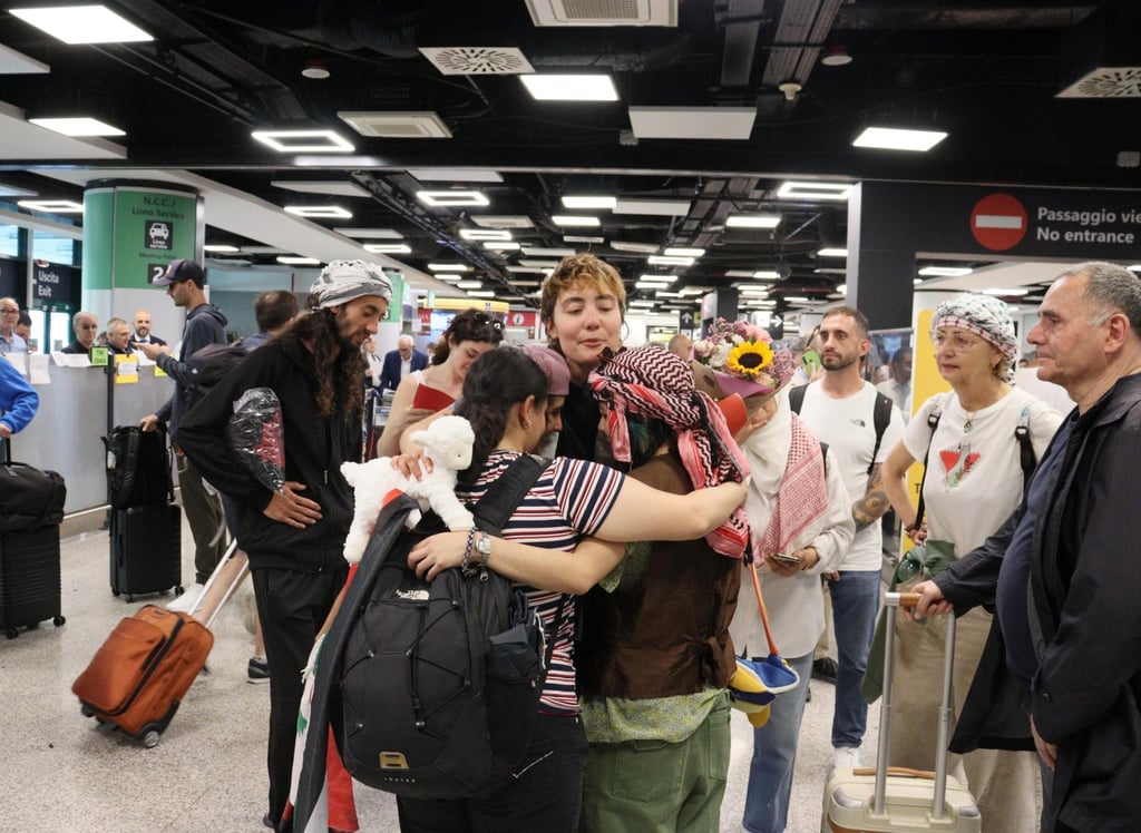 Some of the activists from the Global Sumud Flotilla, which was trying to get aid to Gaza, arrive in Rome on Saturday after being released by the Israeli authorities. Photo: EPA Some of the activists from the Global Sumud Flotilla, which was trying to get aid to Gaza, arrive in Rome on Saturday after being released by the Israeli authorities. Photo: EPA