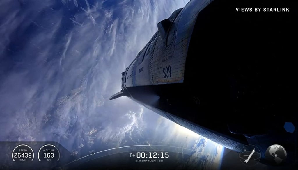 A screenshot made from SpaceX's live feed shows the view from SpaceX's Starship 39 rocket after its launch on Friday. Photo: SpaceX via AFP