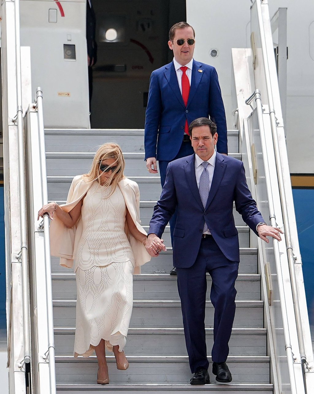 US Secretary of State Marco Rubio (front), his wife Jeanette and US Ambassador to India Sergio Gor arrive at the Indira Gandhi International Airport in New Delhi on Saturday. Photo: AFP US Secretary of State Marco Rubio (front), his wife Jeanette and US Ambassador to India Sergio Gor arrive at the Indira Gandhi International Airport in New Delhi on Saturday. Photo: AFP