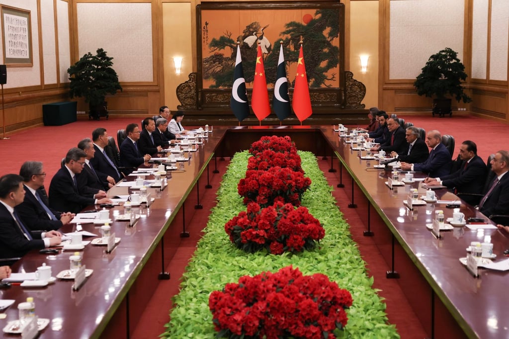 The Chinese and Pakistani delegations, led by Xi Jinping (fifth left) and Prime Minister Shehbaz Sharif (third right), hold talks at the Great Hall of the People, in Beijing on May 25. Photo: EPA The Chinese and Pakistani delegations, led by Xi Jinping (fifth left) and Prime Minister Shehbaz Sharif (third right), hold talks at the Great Hall of the People, in Beijing on May 25. Photo: EPA