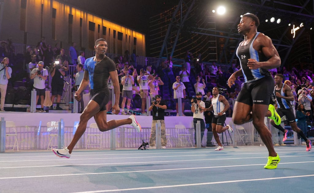 Unenhanced US sprinter Fred Kerley (left) won the men’s 100m during the Enhanced Games in Las Vegas. Photo: AFP