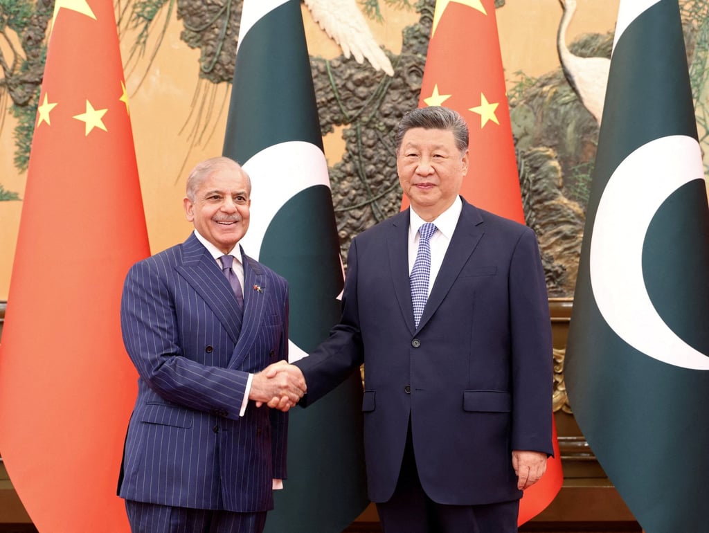 Chinese President Xi Jinping and Pakistani Prime Minister Shehbaz Sharif pictured at the Great Hall of the People in Beijing. Photo: Reuters