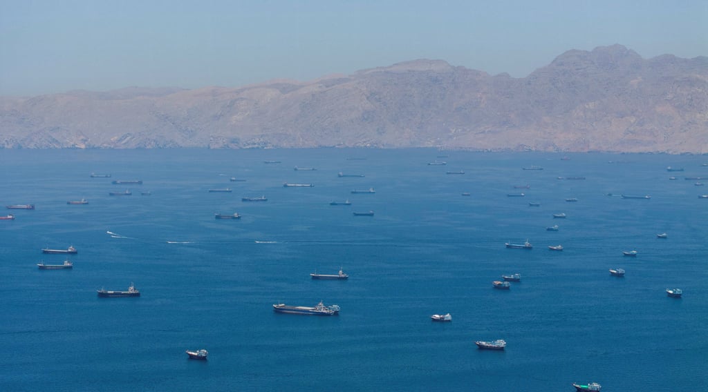 Vessels anchored at the Strait of Hormuz, as seen from Musandam, Oman. Photo: Reuters Vessels anchored at the Strait of Hormuz, as seen from Musandam, Oman. Photo: Reuters