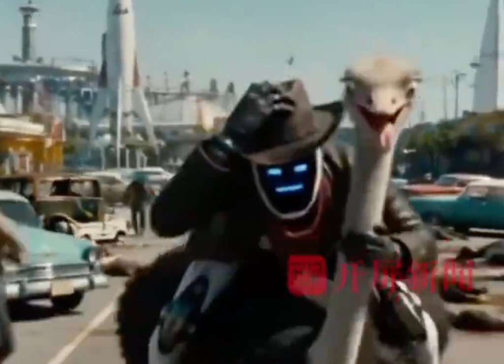A scene from the film, above, shows a robot cowboy riding an ostrich. Photo: Weibo A scene from the film, above, shows a robot cowboy riding an ostrich. Photo: Weibo