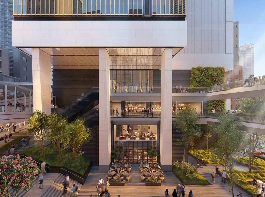 A rendering of the area between Central Crossing’s two towers. In a district where such a facility comes at a premium, the development will offer a publicly accessible open space. Image: Central Crossing