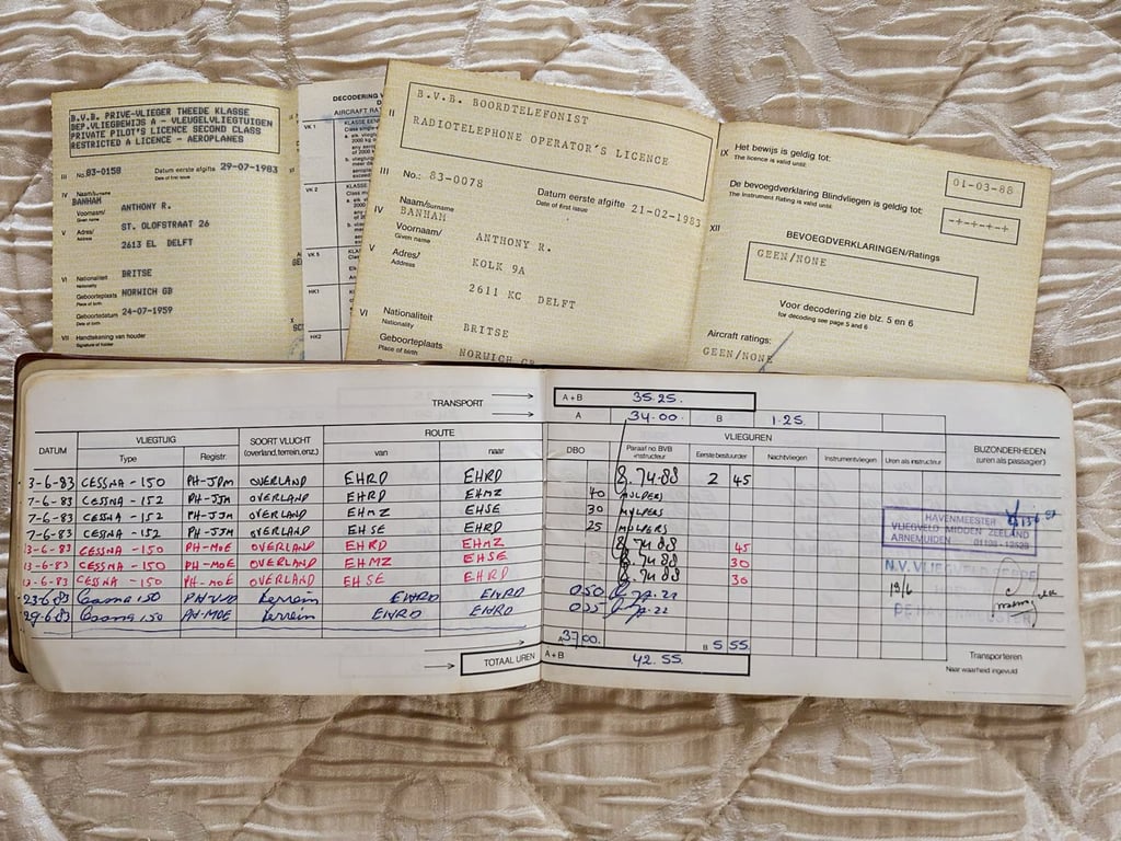 Banham’s pilots licence, air radio licence and log book. Photo: courtesy Tony Banham