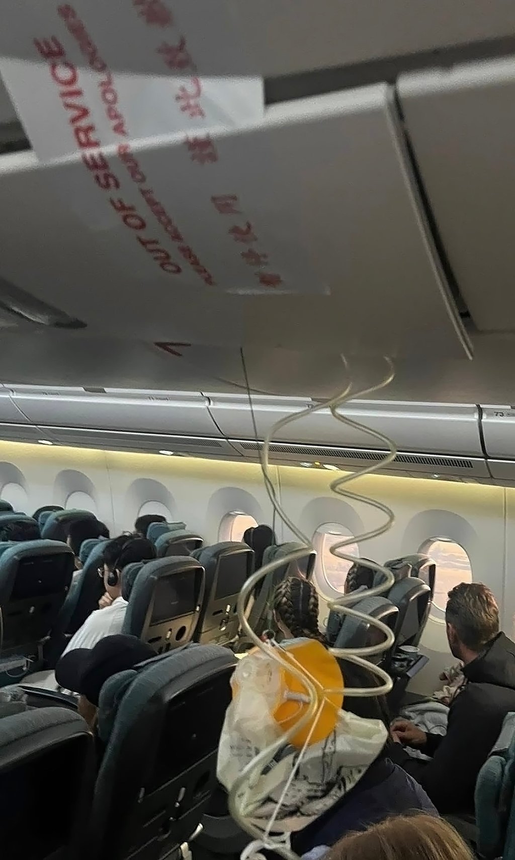 Oxygen masks dropped during the incident on the Cathay flight. Photo: Threads/ @east_gibraltarian