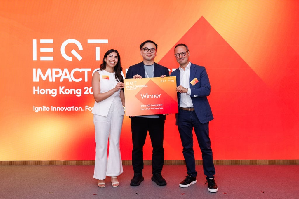 Louis Sze (centre), CEO of Syngular Technology, receives the first prize at the EQT Impact Challenge 2025 flanked by (from left) Anjum Rangwala, investment lead of EQT Foundation, and Jean Eric Salata, chairperson of EQT Asia. Photo: SCMP Louis Sze (centre), CEO of Syngular Technology, receives the first prize at the EQT Impact Challenge 2025 flanked by (from left) Anjum Rangwala, investment lead of EQT Foundation, and Jean Eric Salata, chairperson of EQT Asia. Photo: SCMP