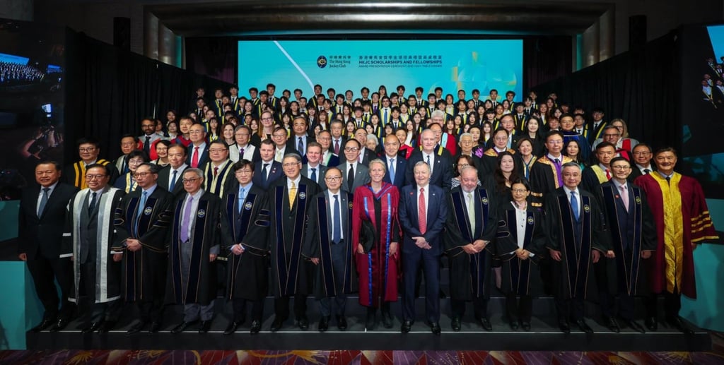 Pictured with JC Scholars, JC STEM Early Career Research Fellows and The Hong Kong Jockey Club Endowed Professors are club chairman Martin Liao (front row, seventh left); keynote speaker Professor Anita Elberse, Lincoln Filene Professor of Business Administration of Harvard Business School (front row, seventh right); members of the club’s board of stewards; members of the club management team; and representatives of participating tertiary institutions.