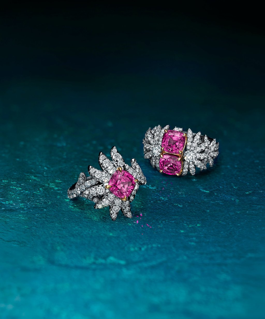 Tiffany & Co. Marguerite rings with unenhanced cushion-cut pink sapphires and diamonds. Photo: Handout Tiffany & Co. Marguerite rings with unenhanced cushion-cut pink sapphires and diamonds. Photo: Handout