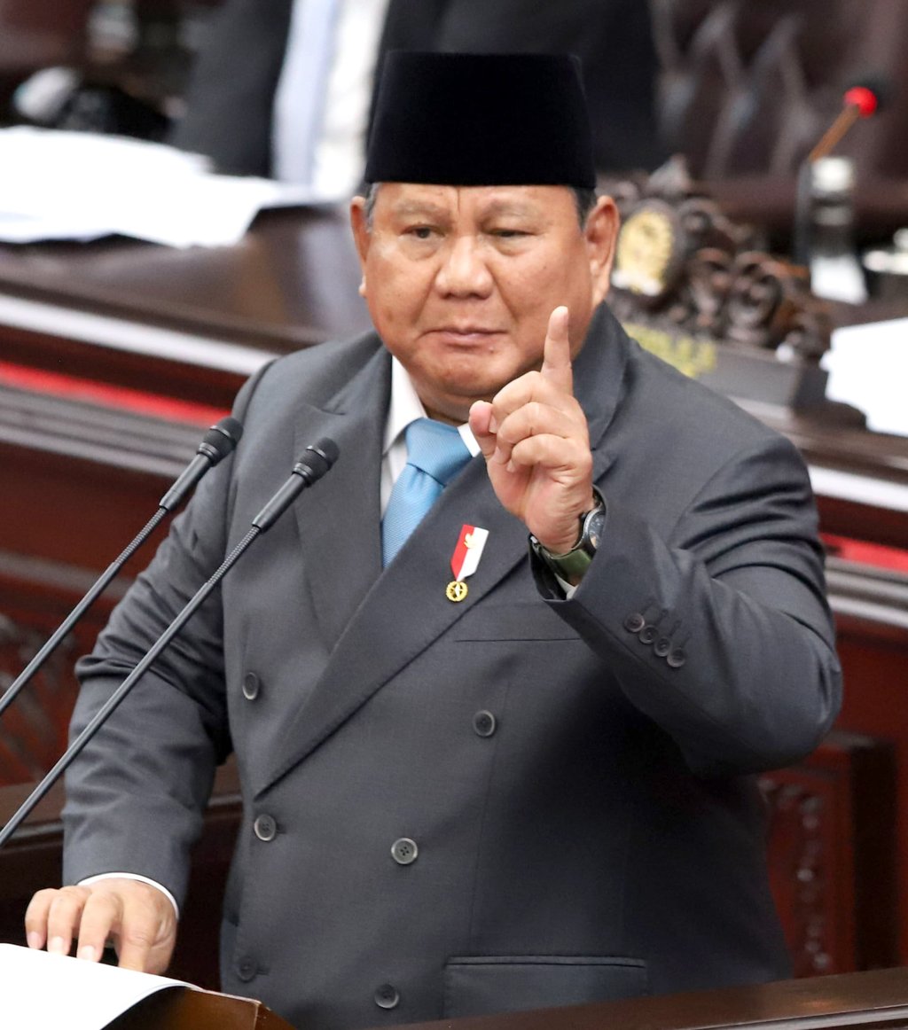 Indonesian President Prabowo Subianto speaks at the parliament complex in Jakarta on Wednesday. Photo: Xinhua