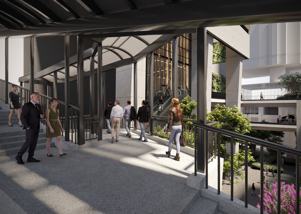 A rendering of Central Crossing’s direct access to the Central–Mid-Levels escalator and elevated walkways. Image: Central Crossing
