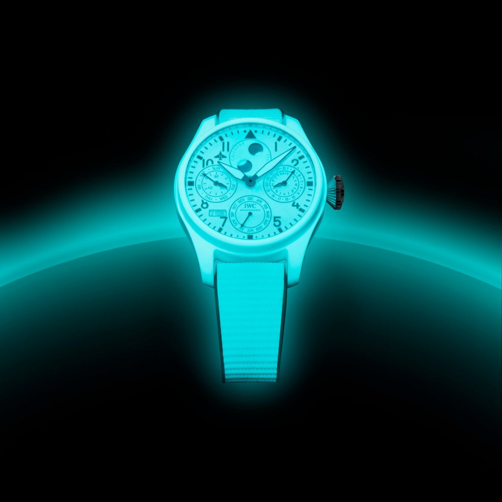 IWC Schaffhausen’s Big Pilot’s Watch Perpetual Calendar Ceralume is designed to glow in the dark. Photo: Handout