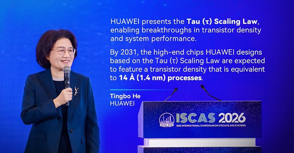 He Tingbo, chair of Huawei Scientist Committee and president of the company’s semiconductor business department, introduces the scaling law on Monday in Shanghai. Photo: Handout