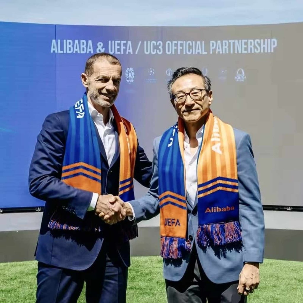 Uefa president Aleksander Ceferin (left) and Alibaba Group chairman Joe Tsai at the signing ceremony. Photo: Handout Uefa president Aleksander Ceferin (left) and Alibaba Group chairman Joe Tsai at the signing ceremony. Photo: Handout