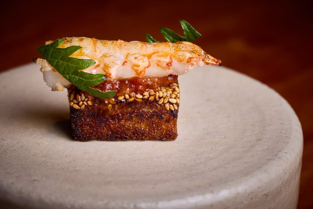At Humble Chicken, prawn toast is made with a langoustine tail laid over shiso, ssamjang and deep-fried tempura toast. Photo: Humble Chicken