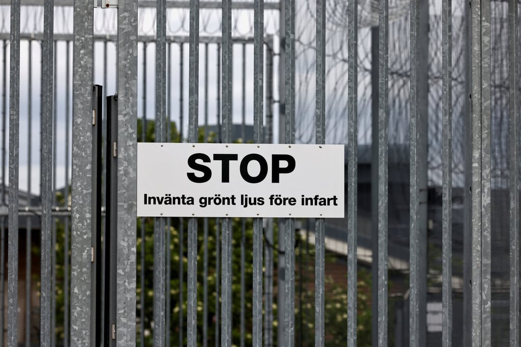 A stop sign on the gates of Rosersberg Prison near Stockholm, Sweden. Sweden is fighting a wave of gang crime. Photo: Reuters A stop sign on the gates of Rosersberg Prison near Stockholm, Sweden. Sweden is fighting a wave of gang crime. Photo: Reuters
