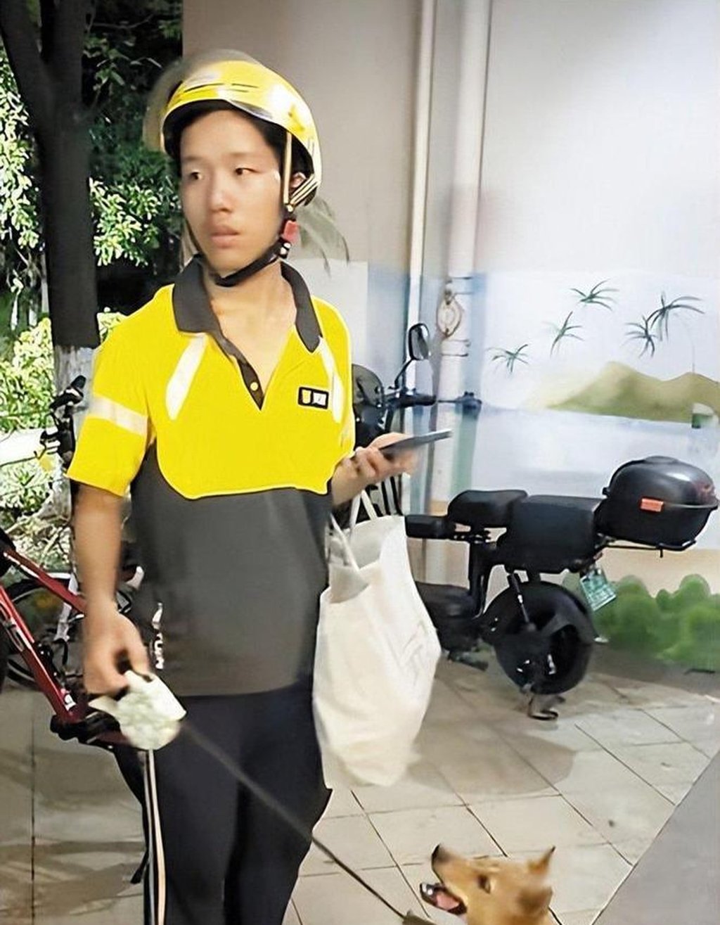 Tang Wei, above, pictured in his delivery uniform with his beloved dog Bobo. Photo: Handout