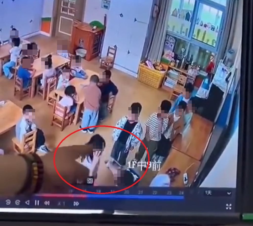 Surveillance footage, above, shows the accused teacher, circled, with her pupils. Photo: Weibo