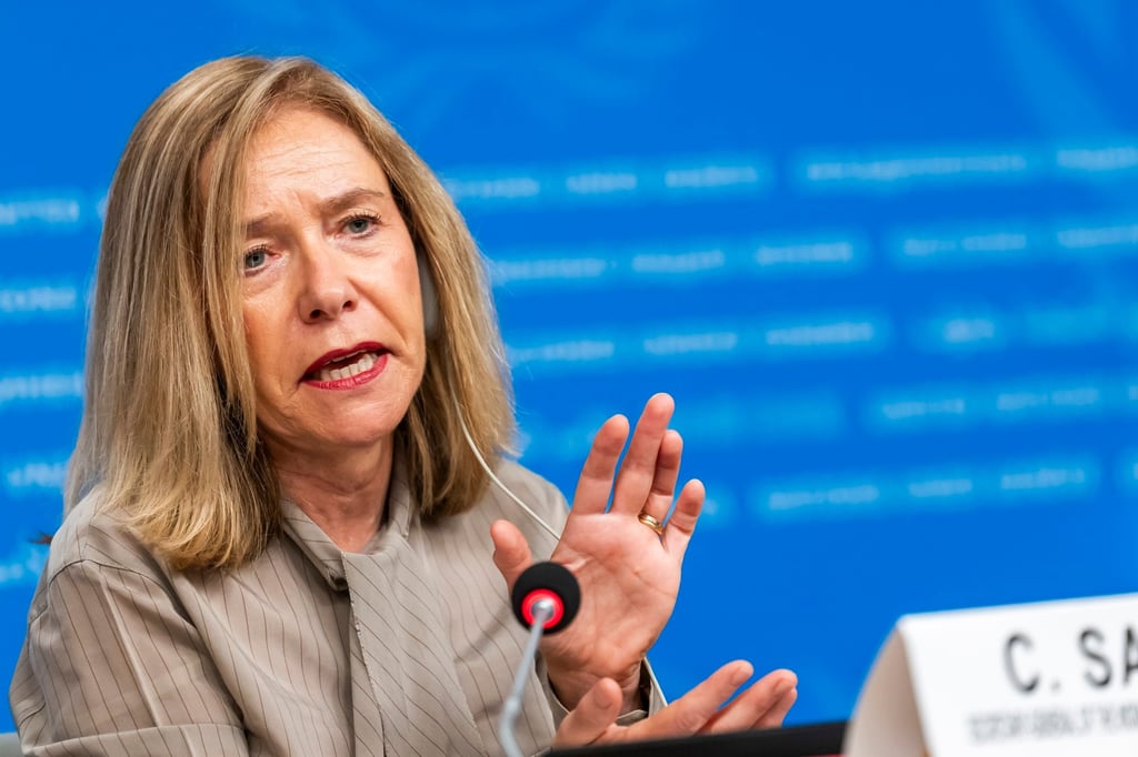 WMO chief Celeste Saulo briefs the media about the El Nino weather phenomenon in Geneva, Switzerland, on Tuesday. Photo: EPA