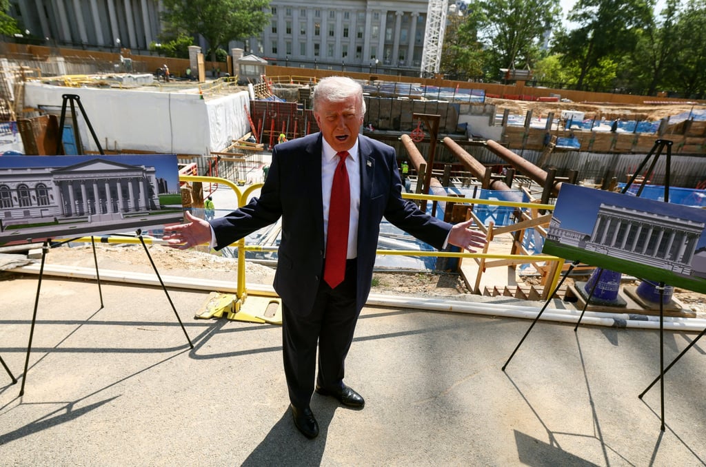 US President Donald Trump speaks at the site of construction of the planned White House ballroom last month. Photo: Reuters
