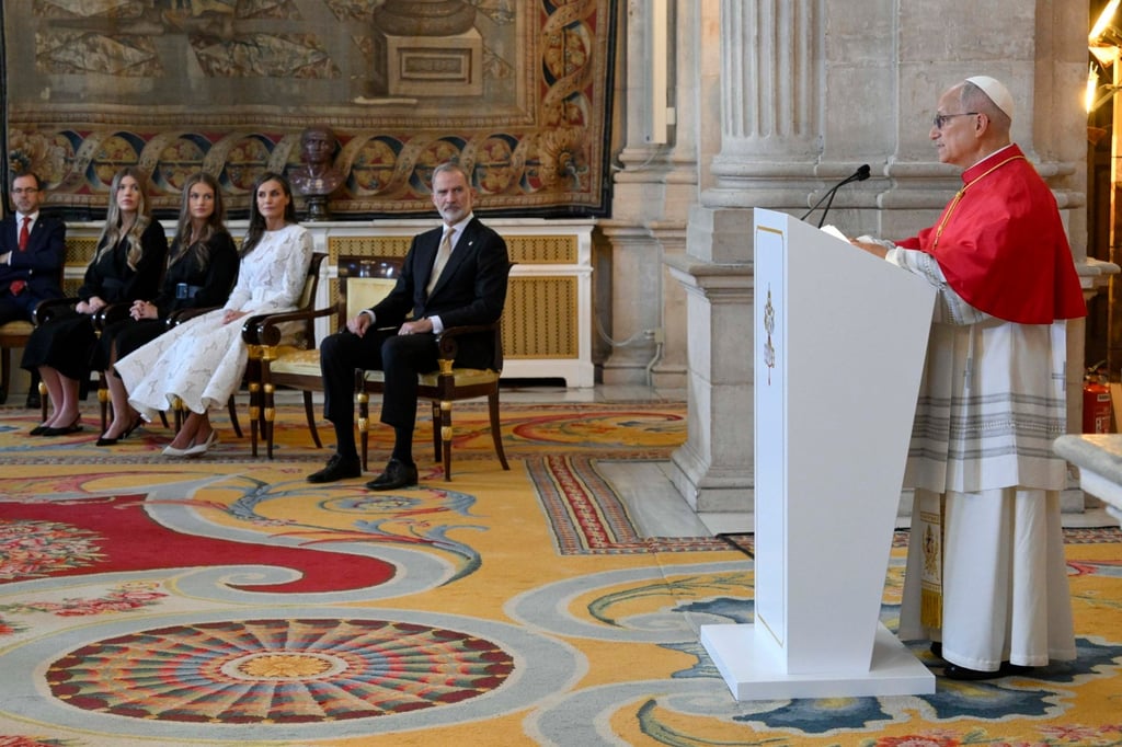 Pope Leo delivers a speech watched by Felipe VI of Spain at the Royal Palace in Madrid on Saturday. Photo: EPA/Vatican Media Pope Leo delivers a speech watched by Felipe VI of Spain at the Royal Palace in Madrid on Saturday. Photo: EPA/Vatican Media