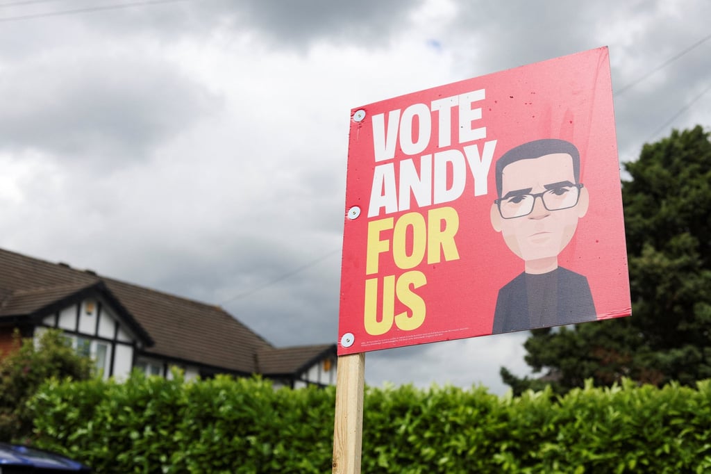 A campaign placard that reads ‘Vote Andy For Us’ in support of Manchester Mayor Andy Burnham, outside a residential property, ahead of the Makerfield by-election, in Ashton-in-Makerfield, in Britain, on Friday. Photo: Reuters A campaign placard that reads ‘Vote Andy For Us’ in support of Manchester Mayor Andy Burnham, outside a residential property, ahead of the Makerfield by-election, in Ashton-in-Makerfield, in Britain, on Friday. Photo: Reuters