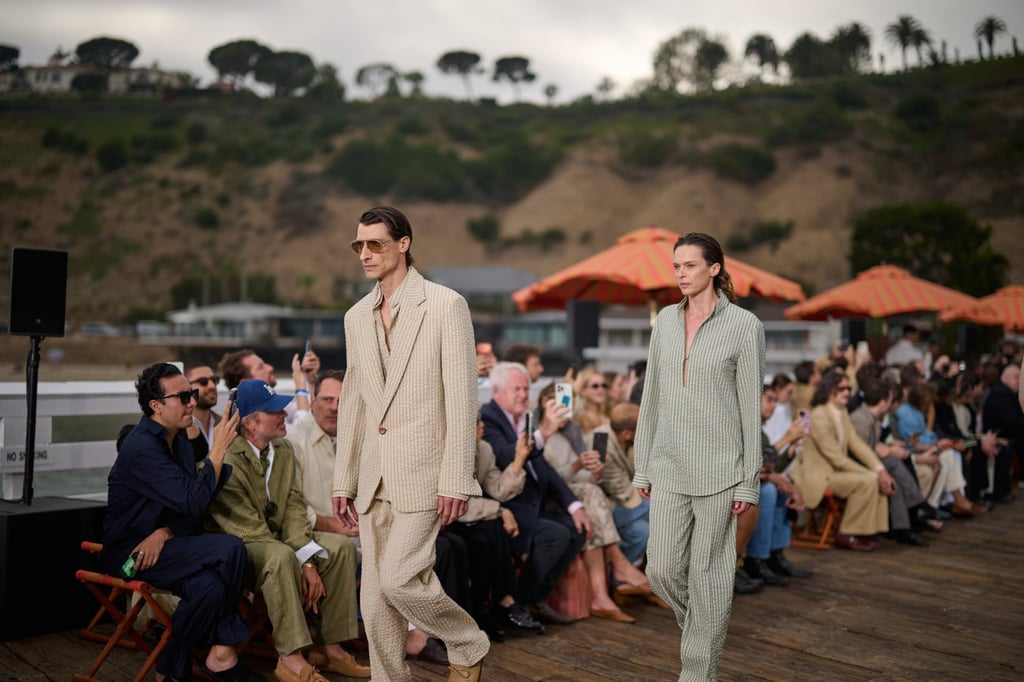 Seersucker fabrics, also in a look worn by female model Élise Crombez (left). Photo: Handout Seersucker fabrics, also in a look worn by female model Élise Crombez (left). Photo: Handout
