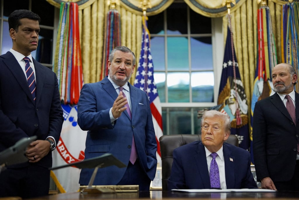 US Senator Ted Cruz (second from left) speaks next to White House AI adviser Sriram Krishnan, US President Donald Trump and Commerce Secretary Howard Lutnick in the Oval Office in December. Photo: Reuters