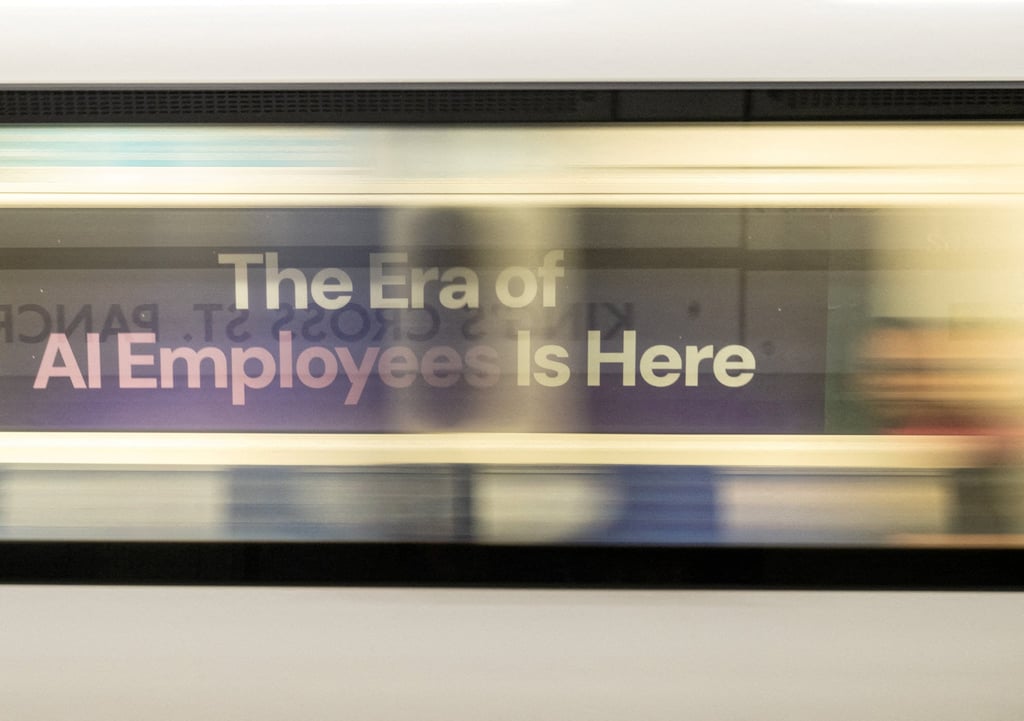 A London Underground train passes an advertisement for a company promoting AI in London in 2025. Photo: Reuters A London Underground train passes an advertisement for a company promoting AI in London in 2025. Photo: Reuters