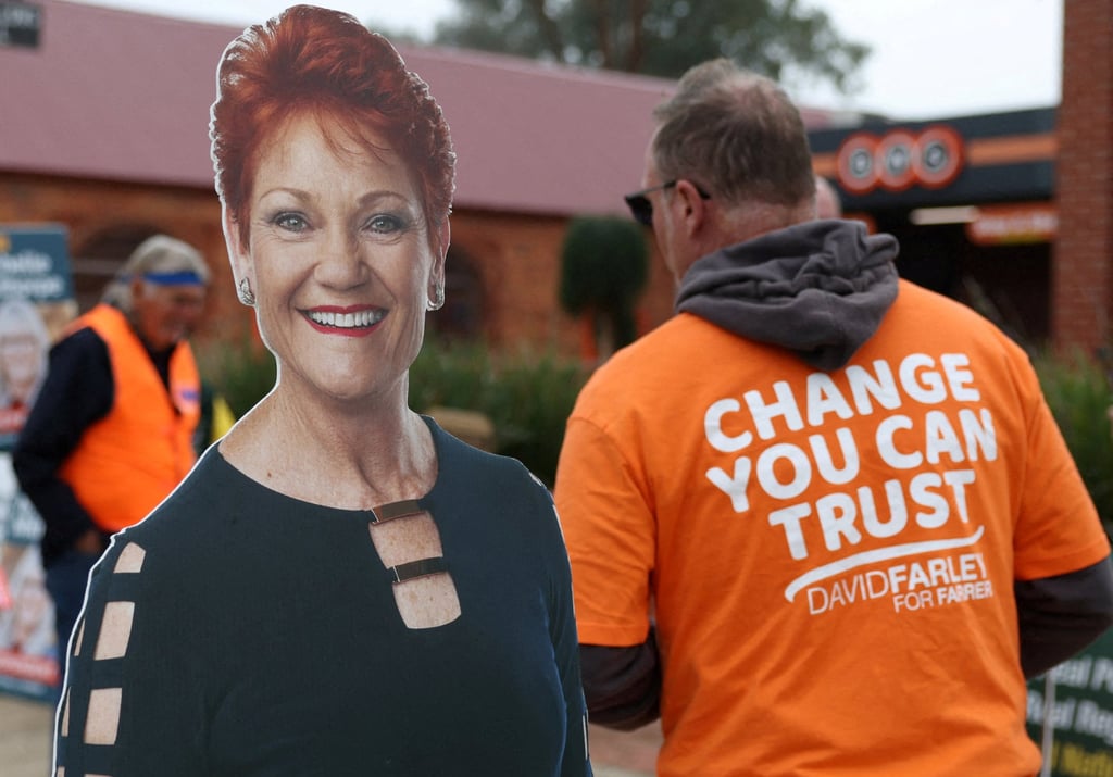 A campaign cut-out depicting One Nation leader Pauline Hanson is displayed outside a pre-polling centre ahead of the Farrer by-election in Corowa, Australia, on May 6. Photo: Reuters A campaign cut-out depicting One Nation leader Pauline Hanson is displayed outside a pre-polling centre ahead of the Farrer by-election in Corowa, Australia, on May 6. Photo: Reuters