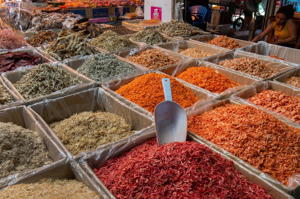 Piles of dried shrimp and prawns are seen for sale with other small crustaceans and fish at Tha Tian market in Bangkok. Photo: AFP Piles of dried shrimp and prawns are seen for sale with other small crustaceans and fish at Tha Tian market in Bangkok. Photo: AFP