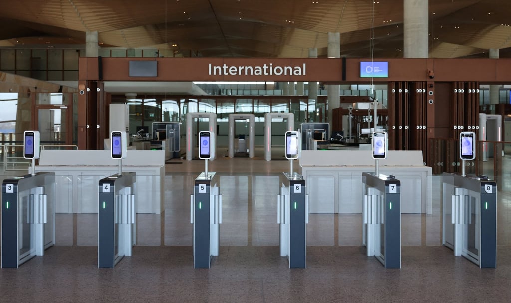 Biometrically enabled security gates await passengers departing from Western Sydney International Airport. Photo: Reuters