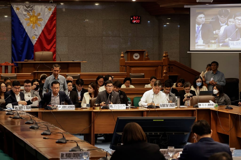 Philippine senators during a consultative meeting to investigate alleged anomalies in flood control projects, at the Senate in Pasay City, Metro Manila on Monday. Photo: EPA