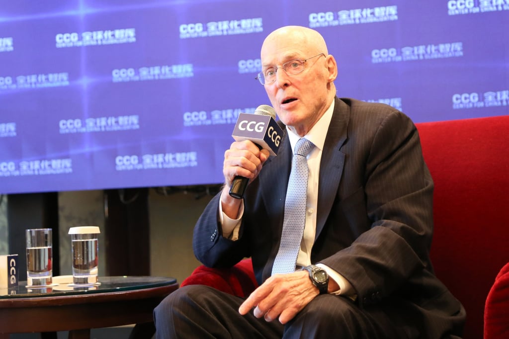 Henry Paulson, who was secretary of the US Treasury from 2006 to 2009, takes questions at the event in Beijing on Wednesday. Photo: Handout Henry Paulson, who was secretary of the US Treasury from 2006 to 2009, takes questions at the event in Beijing on Wednesday. Photo: Handout