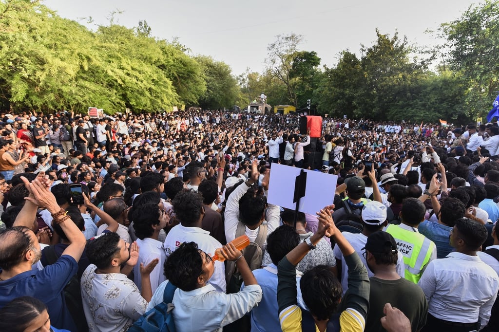 Protesters shout slogans during a nationwide protest campaign launched by Abhijeet Dipke, founder of the Cockroach Janta Party, in Pune, India, on Thursday. Photo: AP Protesters shout slogans during a nationwide protest campaign launched by Abhijeet Dipke, founder of the Cockroach Janta Party, in Pune, India, on Thursday. Photo: AP