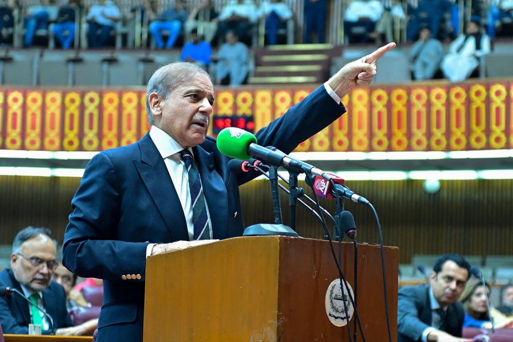 Pakistan’s Prime Minister Shehbaz Sharif speaks at the National Assembly in Islamabad in 2025. Pakistan has played a crucial role in peace talks between the United States and Iran. Photo: AFP/Pakistan’s Prime Minister Office