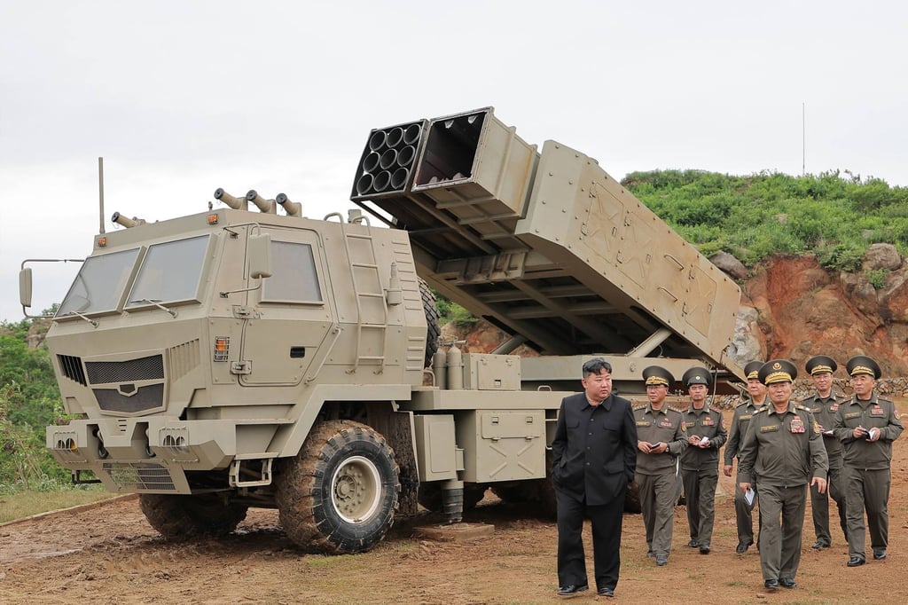 North Korean leader Kim Jong-un (centre) observes a newly developed lightweight multipurpose missile launching system and multiple tactical cruise missile weapon systems on May 26. Photo: KCNA/Yonhap/dpa North Korean leader Kim Jong-un (centre) observes a newly developed lightweight multipurpose missile launching system and multiple tactical cruise missile weapon systems on May 26. Photo: KCNA/Yonhap/dpa