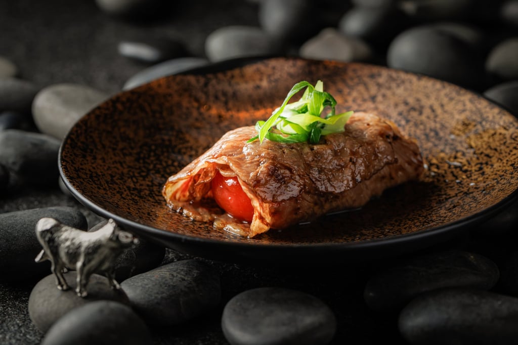 Yakiniku Yama Oku’s Yamaoku-yaki Wagyu sirloin and cured kodawari egg yolk roll. Photo: Yakiniku Yama Oku Yakiniku Yama Oku’s Yamaoku-yaki Wagyu sirloin and cured kodawari egg yolk roll. Photo: Yakiniku Yama Oku