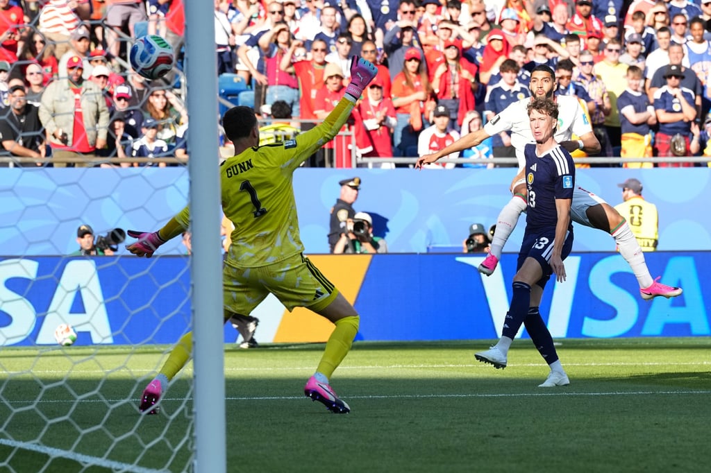 Ismael Saibari of Morocco (top right) puts his team ahead early in Foxborough. Photo: AP Ismael Saibari of Morocco (top right) puts his team ahead early in Foxborough. Photo: AP