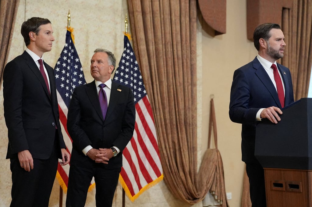 US Vice President J.D. Vance speaks during a news conference in April after meeting with representatives from Pakistan and Iran, as Jared Kushner and Steve Witkoff, special envoy for peace missions, listen on. Photo: Jacquelyn Martin/Pool/Reuters