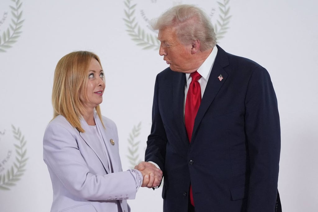 US President Donald Trump greets Italy’s Prime Minister Giorgia Meloni during a summit on Gaza in Sharm el-Sheikh in October 2025. Photo: AFP US President Donald Trump greets Italy’s Prime Minister Giorgia Meloni during a summit on Gaza in Sharm el-Sheikh in October 2025. Photo: AFP